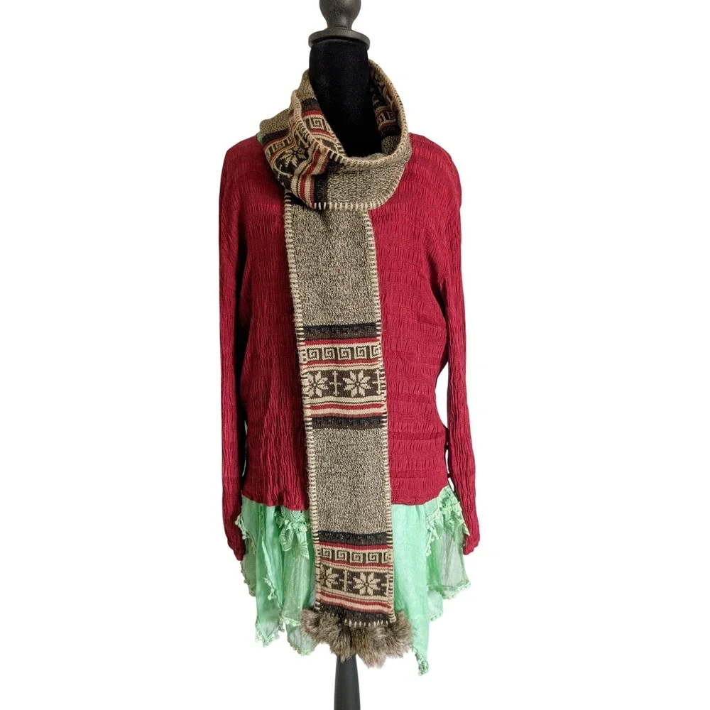 Mudd Vintage Y2K Earthy Tones Nordic Fair Isle Fur Pom-poms Knit Skinny Scarf